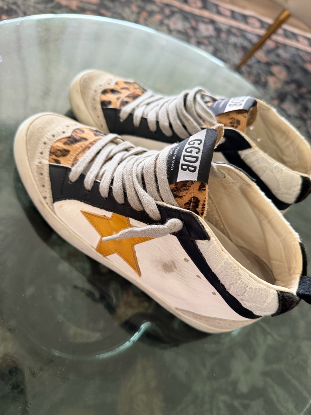 Golden Goose MID STAR White Sneakers with Yellow Star & Leopard Accent